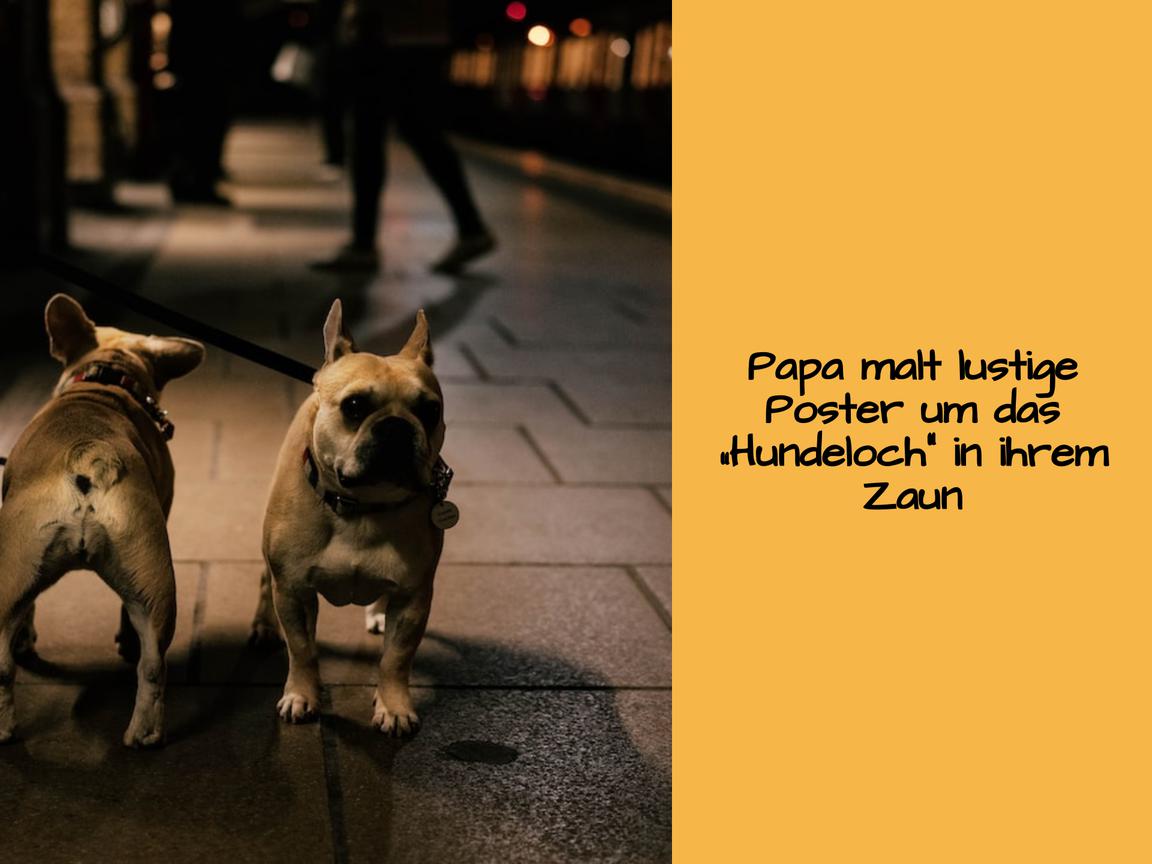 Papa malt lustige Poster um das „Hundeloch“ in ihrem Zaun